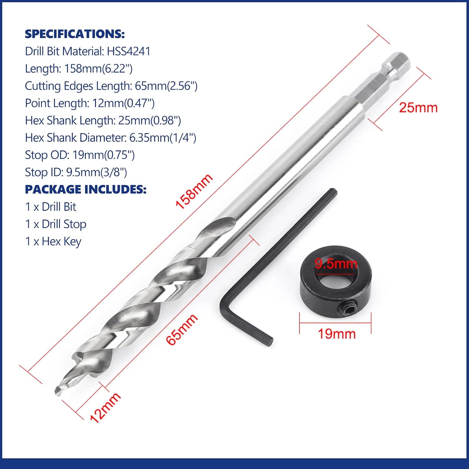 3/8" Hex Shank Pocket Hole Drill Bit Twist Step Drill Bit with Adjustable Depth Stop Collar for Pocket Hole Jig Kit
