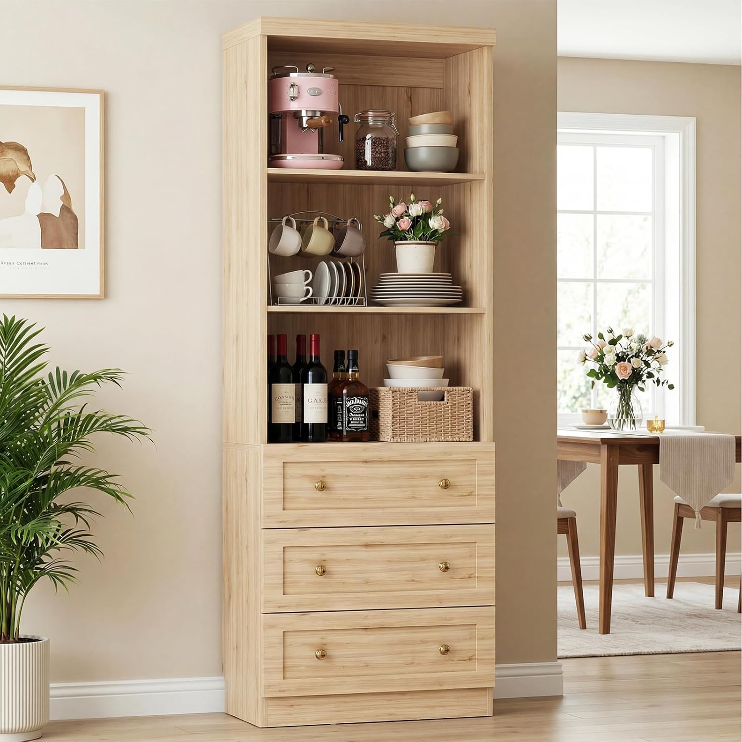 Cyclysio 80" Kitchen Pantry Cabinet with 3 Drawers, Tall Storage Cabinet Wood Food Pantry with Thickened Top Panel and Adjustable Shelves, Versatile Cupboard for Kitchen, Dining Room, Natural