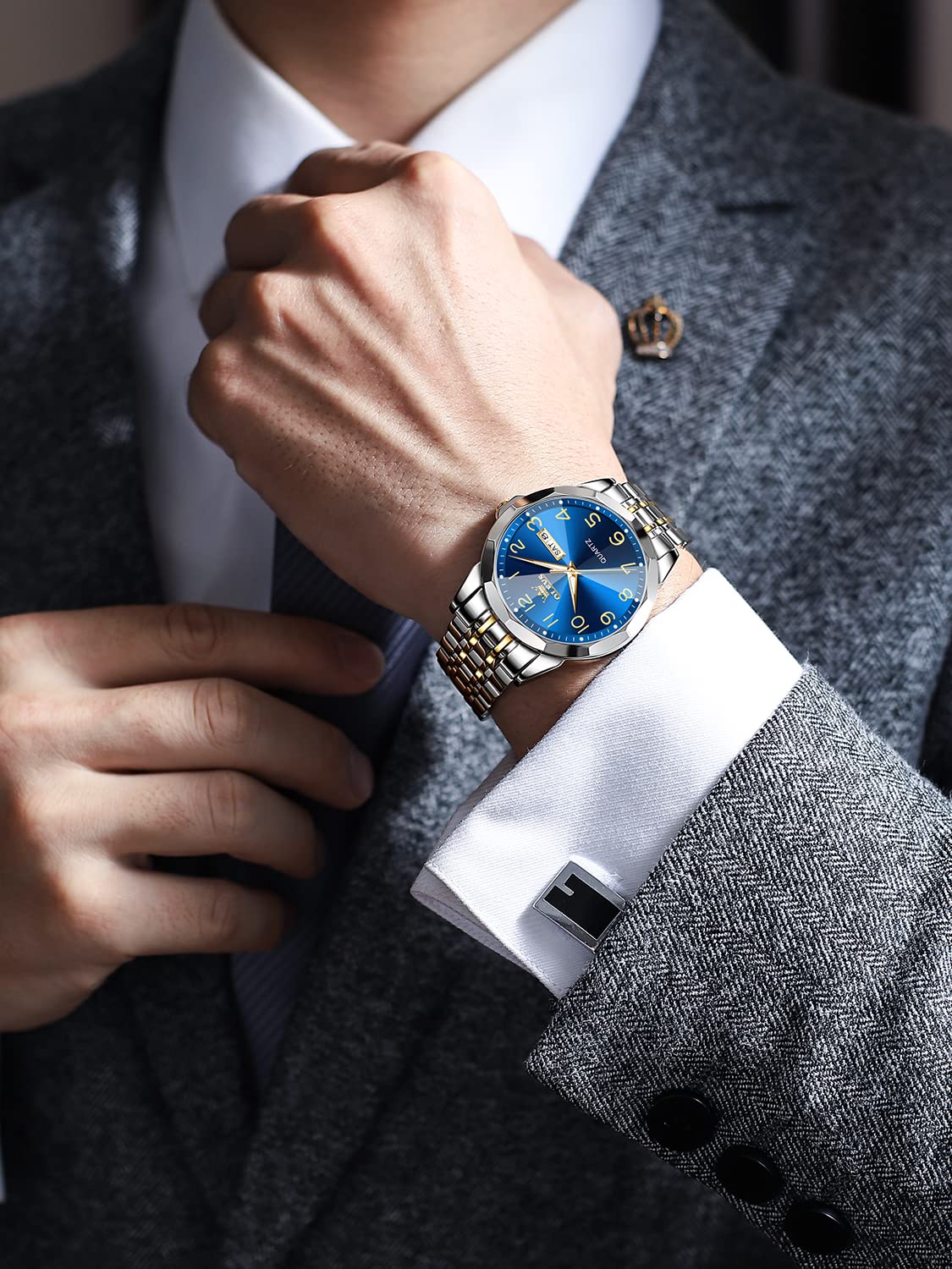 OLEVS - Reloj de Pulsera para Hombre, analógico, Cuarzo, Acero Inoxidable, Impermeable, Luminoso, Fecha, Diamante, Negocios, Dos Tonos, Estilo Casual