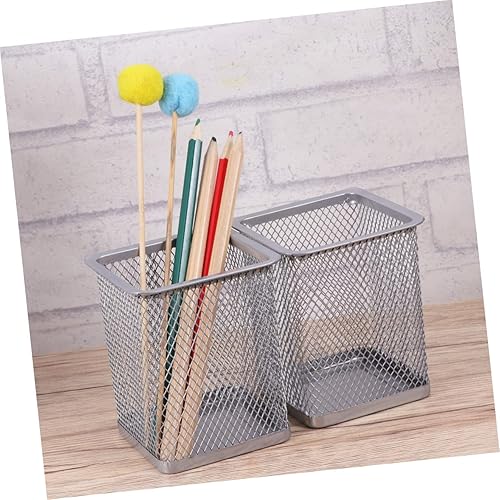 Miniatura 9 de Operitacx 2 portalápices de malla metálica para lápices, estructura resistente, diseño ergonómico plateado para oficina, hogar y viajes
