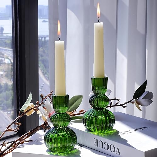Miniatura 3 de Woho Juego de 3 portavelas cónicos verdes para decoraciones navideñas, portavelas de vidrio acanalado de 4.3 pulgadas de alto para mesa de boda de