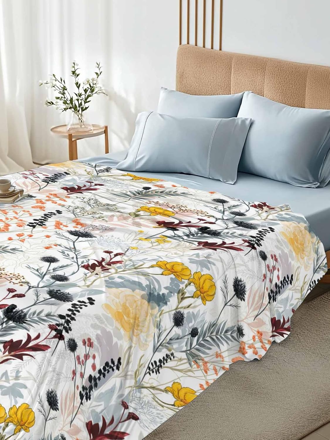 Top Sheet Twin XL Bedding Flat Sheet Only, Rustic Wildflower Leaf Microfiber Bed Sheets Soft Breathable Bedding Flat Sheets, Watercolor Pastoral Floral Plant Hotel Luxury Top Sheets