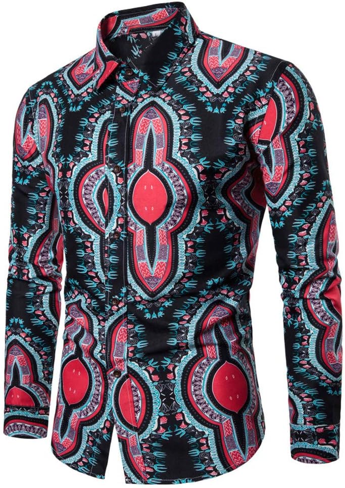 Men's Shirt Stylish Slim Fit Colorful Printed Polyester Dress Shirt Black 2XL