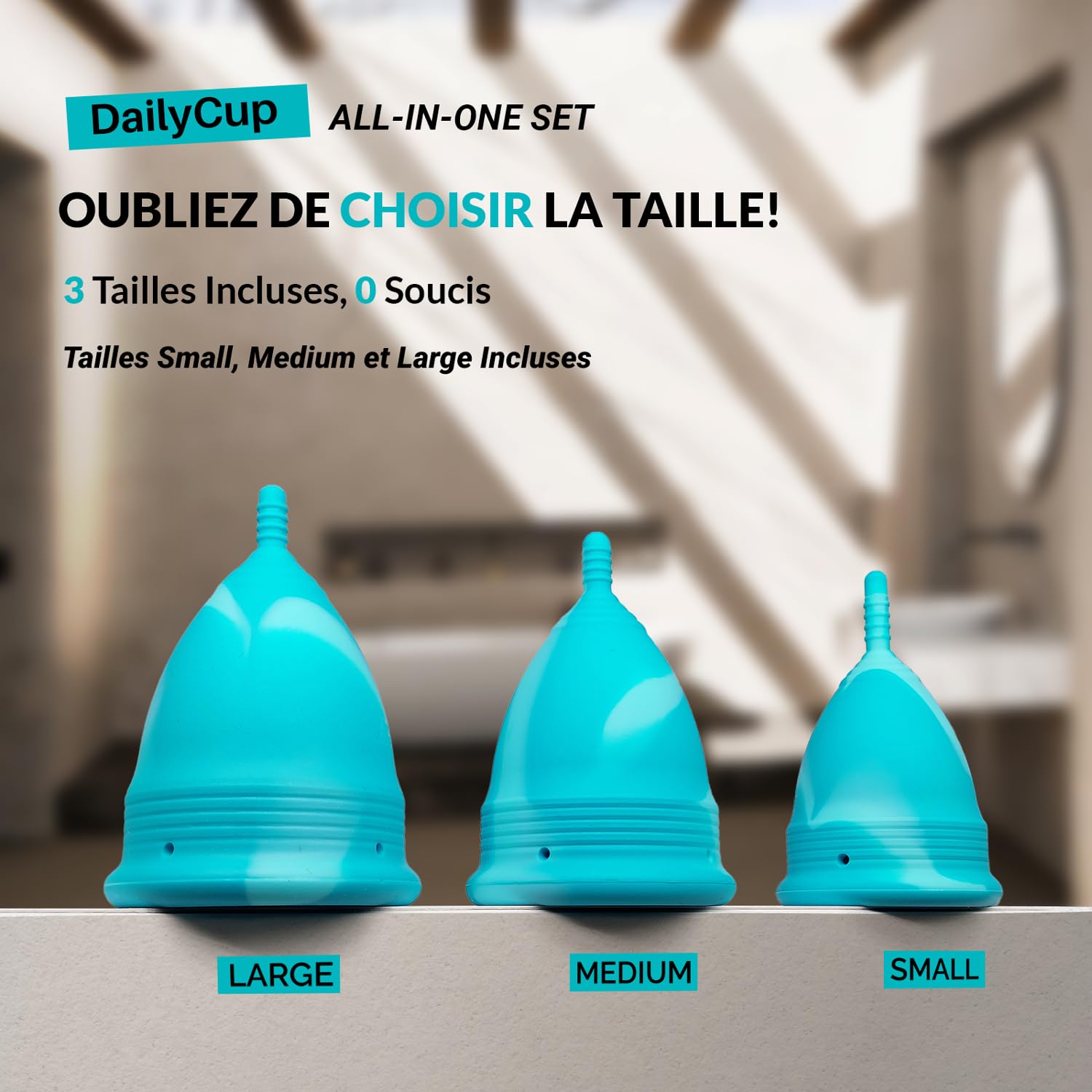 Coupe menstruelle DAILY CUP ALL-IN-ONE SET de BOLTEX MEDICAL. Conçue pour Confort Quotidien. Comprend un Stérilisateur, 3 Coupes DAILY CUP : Tailles S, M, L et une Pochette