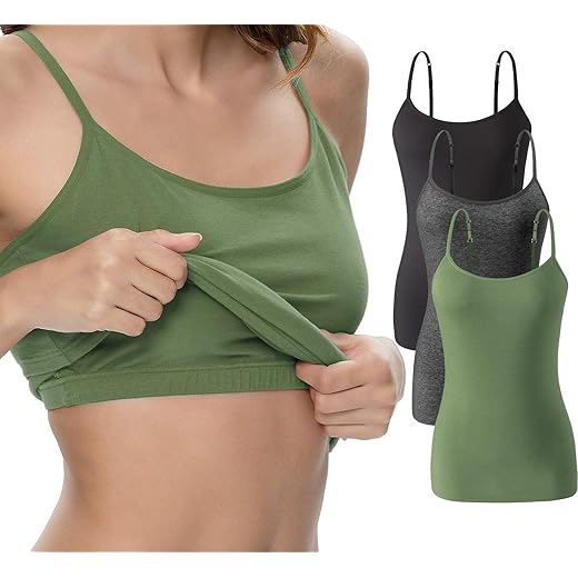 Vislivin Womens Cotton Camisole Adjustable Strap Tank Tops with Shelf Bra Stretch Undershirts 3 Pack Black/Dark Gray/ArmyGreen XL