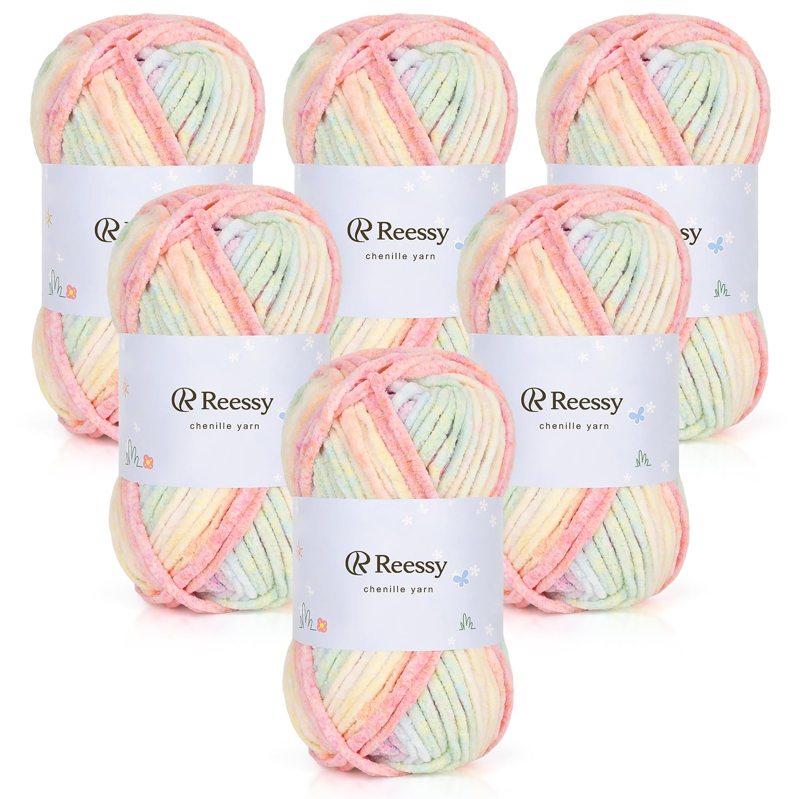 Reessy Chenille Yarn, Chunky Yarn for Crochet, 6×50g Chunky Wool-Macaron