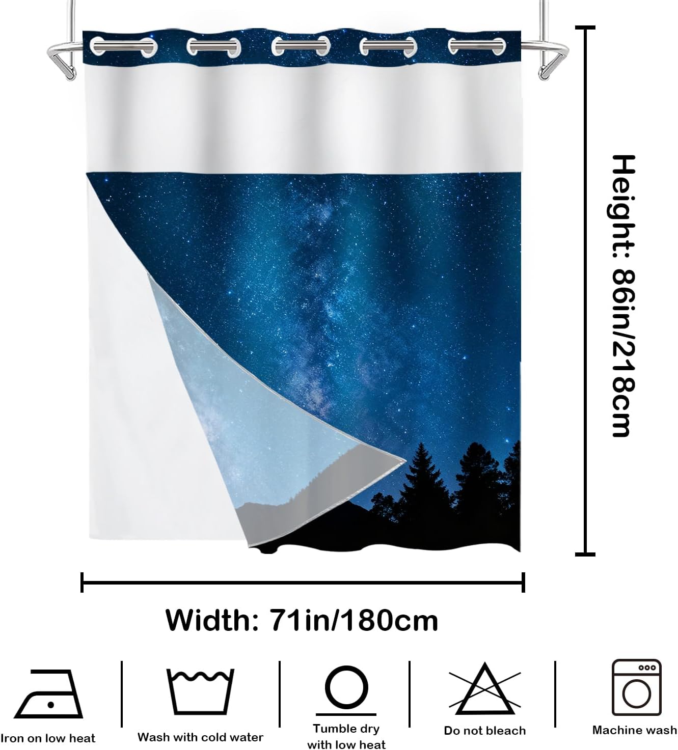 Batmerry Night Sky No Hooks Shower Curtain with Snap in Liner Set, Stars Silhouette Milky Way Volcano Teide Island Bathroom Decor Polyester Quick-Drying Waterproof for Bathtubs, 71X86 in