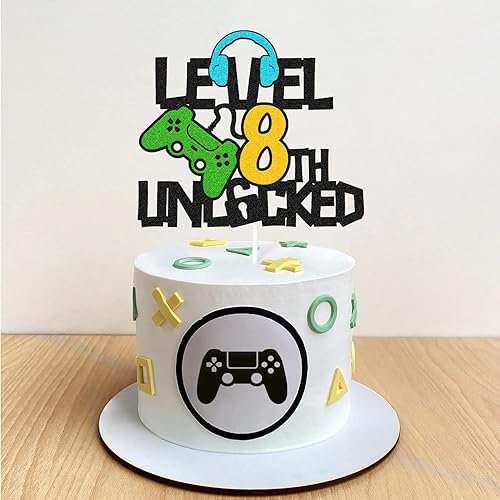 Miniatura 6 de Decoración de pastel desbloqueada de nivel 8, decoración de pastel de feliz cumpleaños 8, controlador de videojuegos, tema de juego, suministros