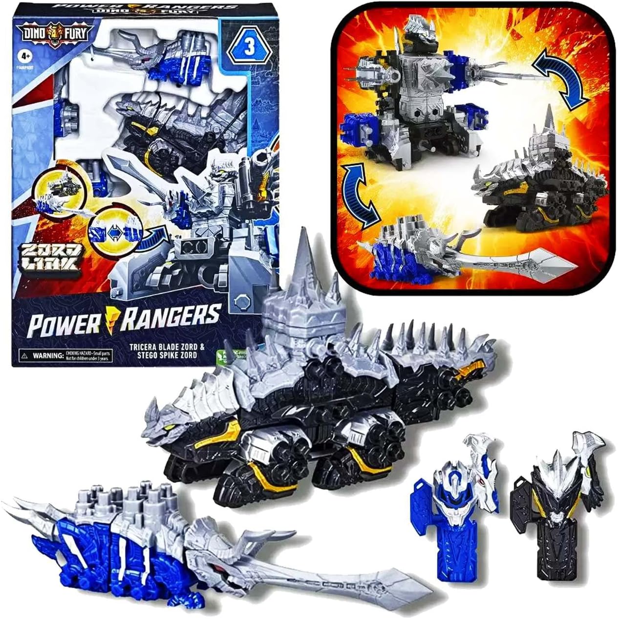Power Rangers Dino Fury Blue Tricera Blade and Black Stego Spike Zord Toys for Kids Ages 4 and Up Zord Link Mix-and-Match Custom Build System