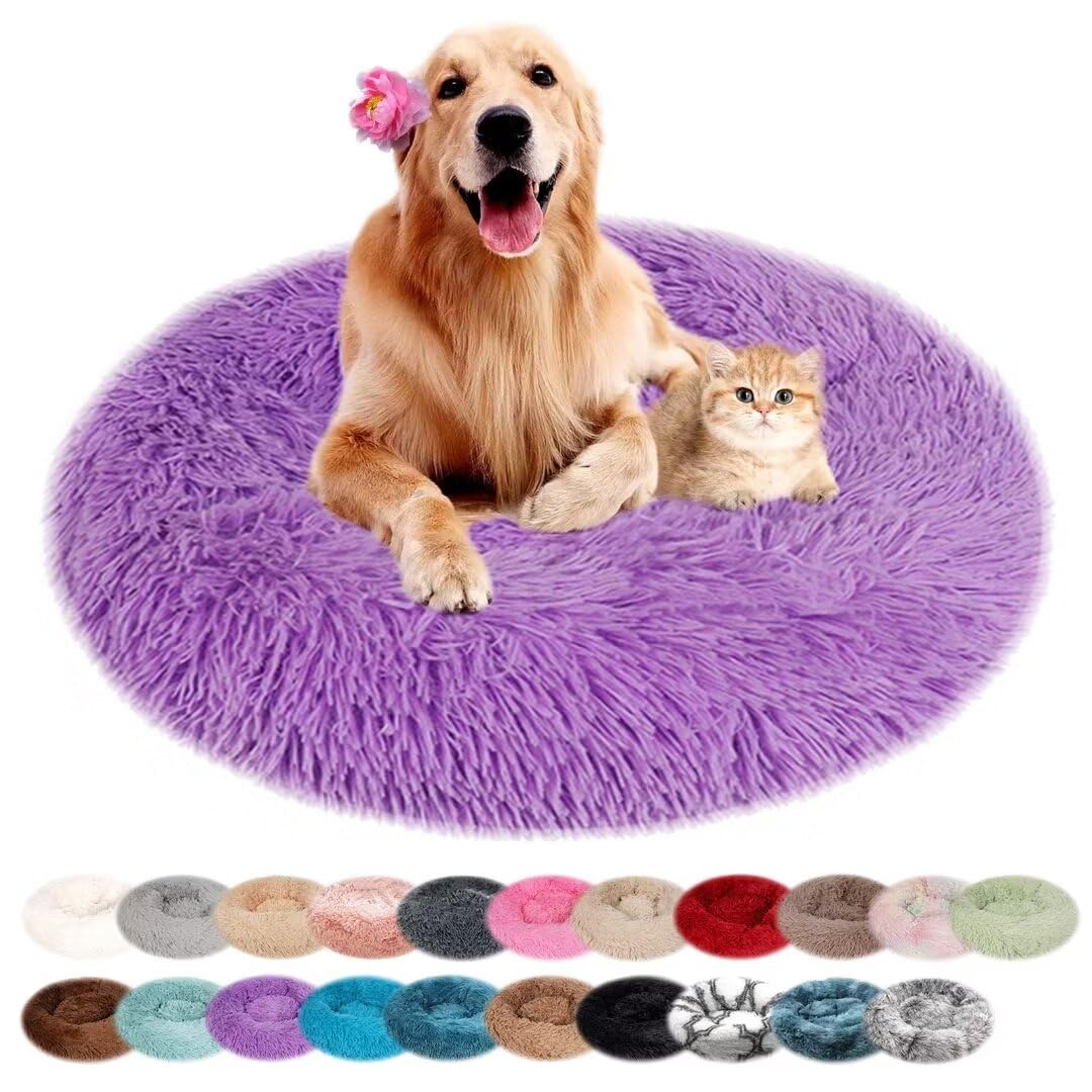 nvdsivee Dog Bed Plush Round Cat Bed for Indoor Cats Puppy Bed Washable Calming Dog Beds Cushion for Small Medium Large Dogs Dog Mattress with Anti-slip Bottom Purple 60cm