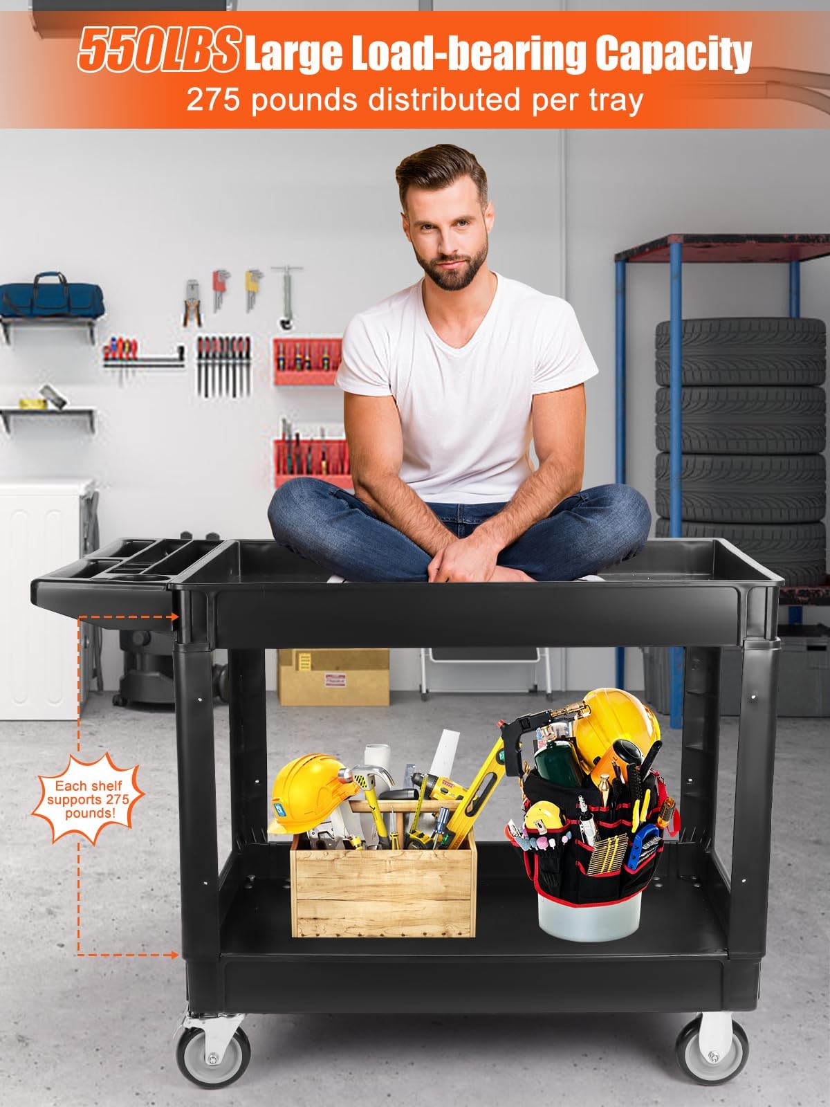 TOROKOM Carrello multiuso pesante a 2 livelli su ruote, carrello da 550 libbre di capacità aggiuntiva Grande carrello di servizio multiuso manico nero organizzatore di immagazzinaggio portatile