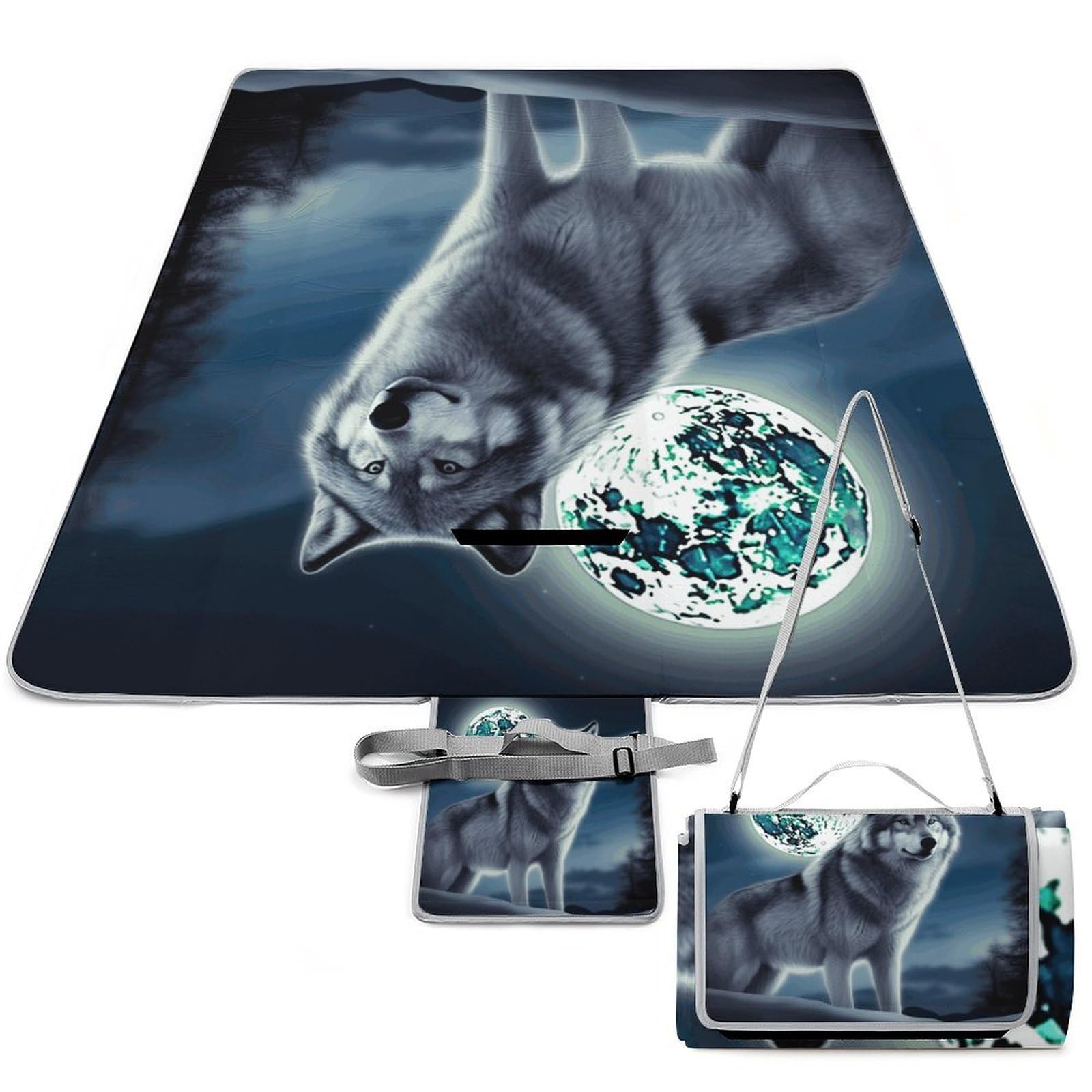 Wolf Under Moon Beach Blanket Thickened Foldable Camping Mats Soft Lightweight Beach Pad Square Picnic Blankets with Shoulder Strap for Park Grass Patio Hiking