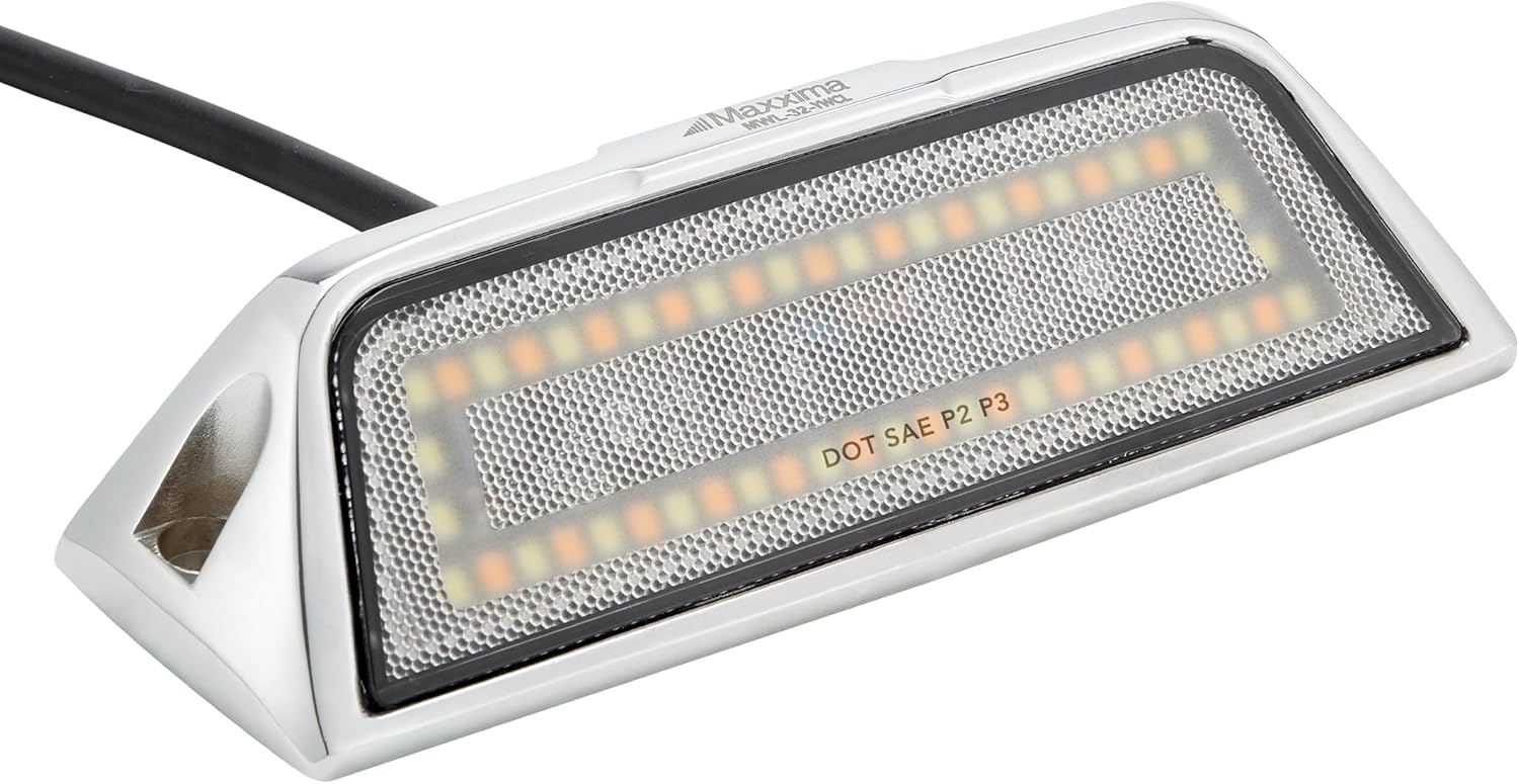 Maxxima 1.8” x 6” Exterior Scene/Load Light, Amber White Dual Color, Clear Lens, 1100 Lumens, DOT Marker, 12/24V LED Chrome Surface Mount – MWL-32-YWCL