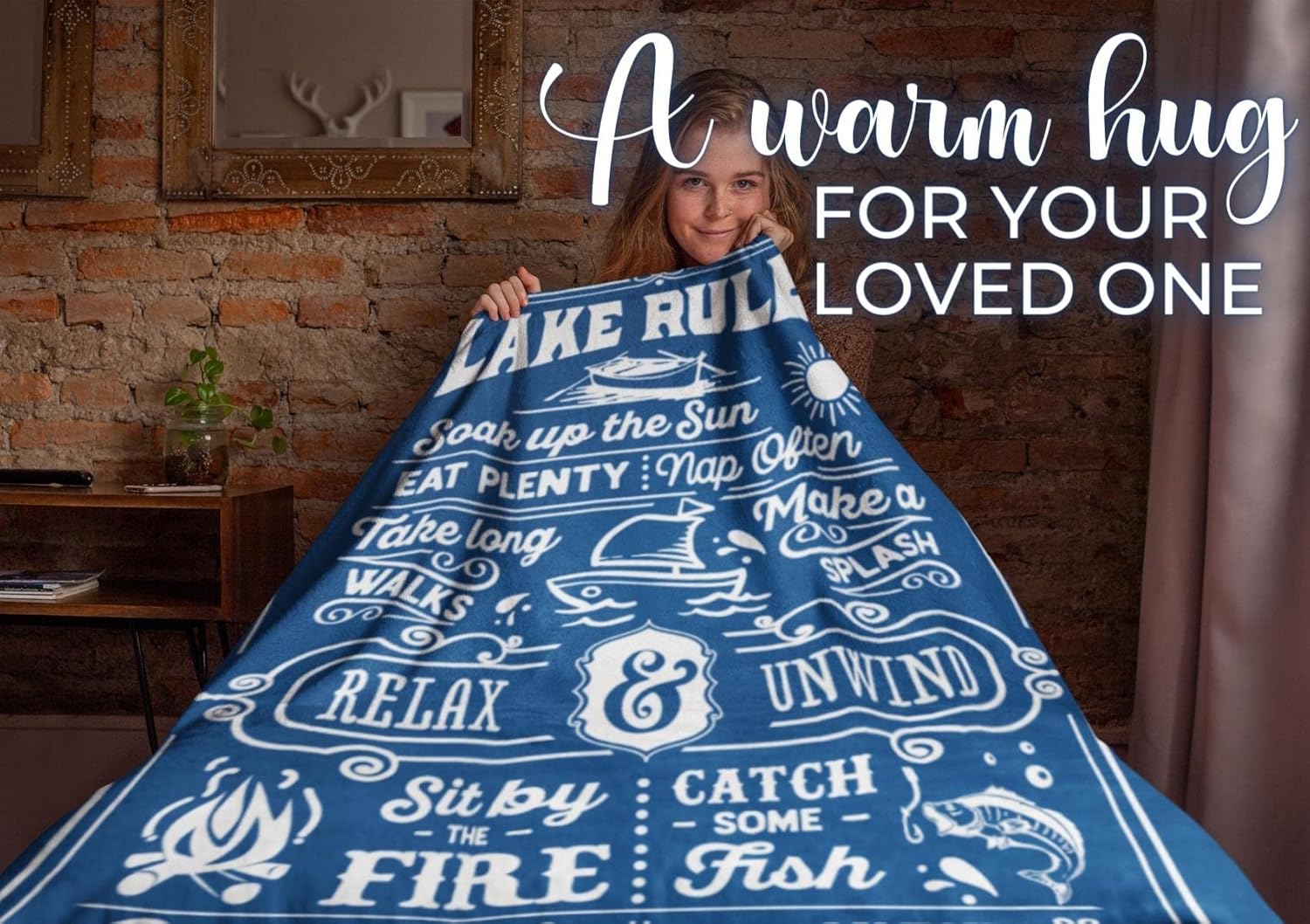 Lake House/Life Gifts Blanket Throw for Women Men - Boating/Fishing Gifts - House Decor Decorations for Home Porch Bed Sofa - Lake Rules, 50" x 65"