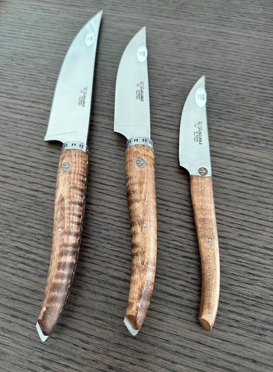 Laguiole en Aubrac Cuisine Gourmet Stainless Fully Forged Steel Made In France Starter 3-Piece Premium Kitchen Knife Set With Wavy Maple Wood Handles