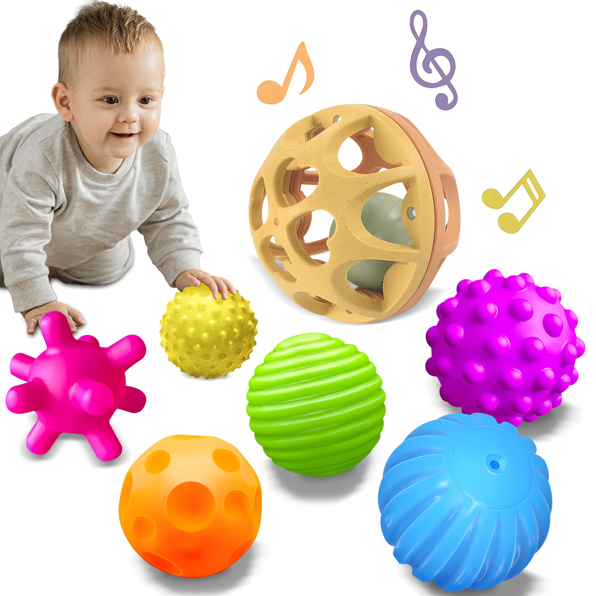 Montessori Toys Sensory Balls for Baby, Colourful Textured Sensory Toys for Babies 1-3, Hand Catching Baby Balls, Wheat Straw Baby Rattle Baby Toys Newborn Gifts for 6-12 Months