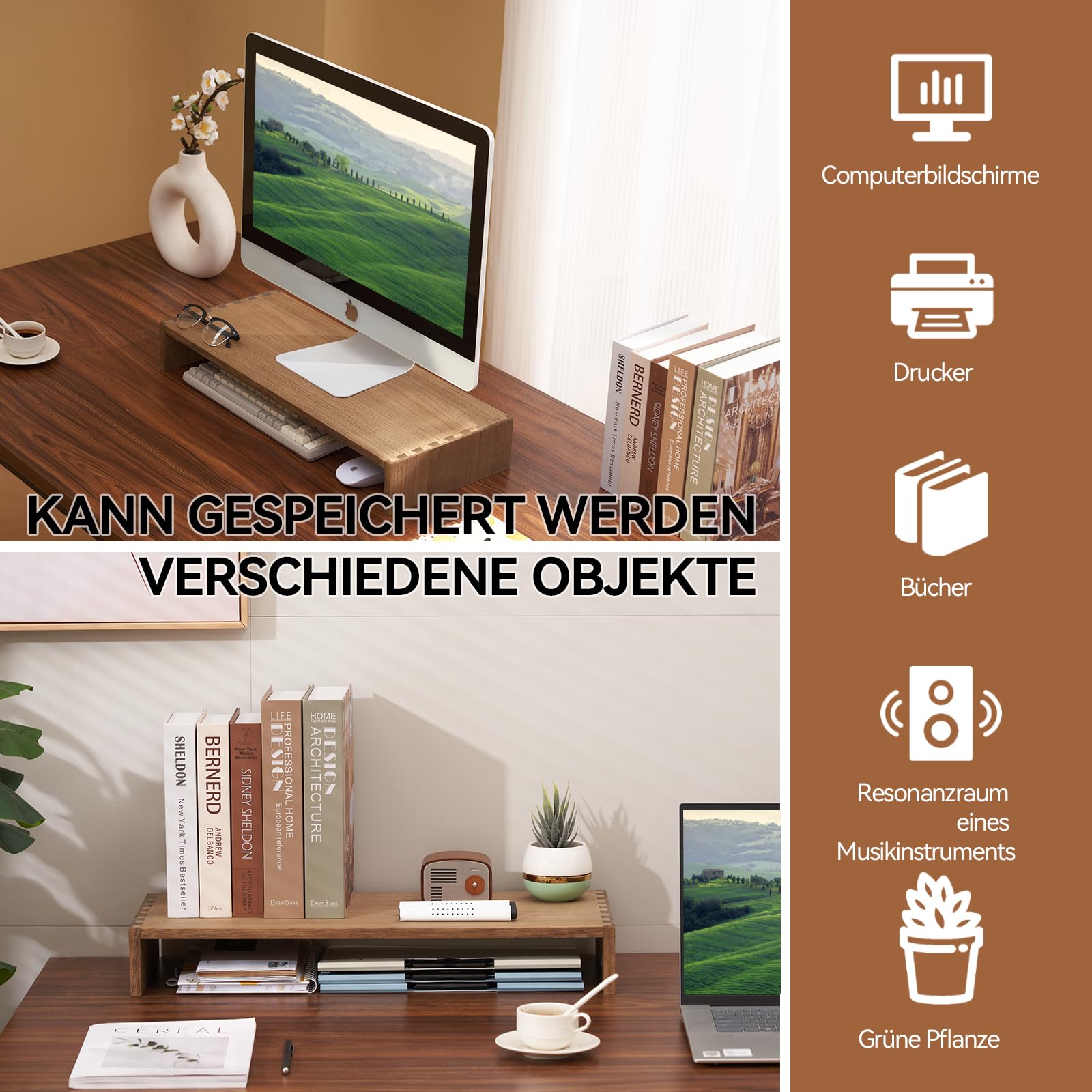 KIRIGEN Monitorständer Holz, Bildschirmerhöhung, 59 x 24 x 8,5 cm, Braun | Paulownia-Massivholz, handgefertigt, fertig montiert, Zapfenverbindungen, 20 kg Tragkraft, Pflanzenöl, 4 Antirutschpads