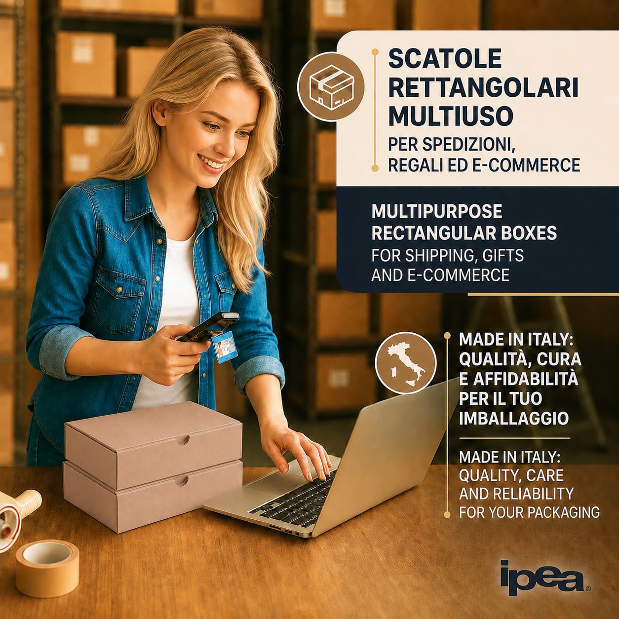 IPEA Cajas de Cartón 21 x 15 x 5 cm para Envíos, Comercio Electrónico, Regalos - 10 PIEZAS - Made in Italy - Cajas Cuadradas Planas Multiusos para Embalar Objetos, Eventos, Fiestas - Caja