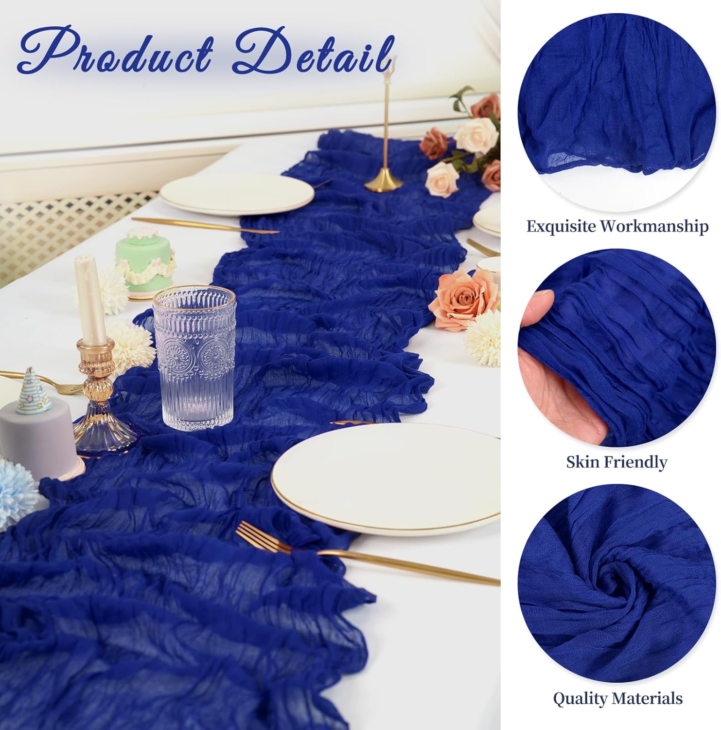 10 Pack Cheesecloth Table Runner 20 x 120 inch Long Boho Gauze Table Runners 10FT Semi Sheer Table Runner for Wedding Decor, Baby Shower, Birthday Party, Banquet (Royal Blue)