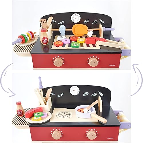 Miniatura 2 de Pillowhale Juego de barbacoa de madera, juego de cocina para niños, accesorios de cocina al aire libre con herramientas de comida y parrilla, regalo