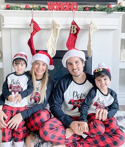 Miniatura 5 de IFFEI Conjunto de pijamas familiares de Navidad, camiseta con estampado de letras y pantalones a cuadros, con bolsillos