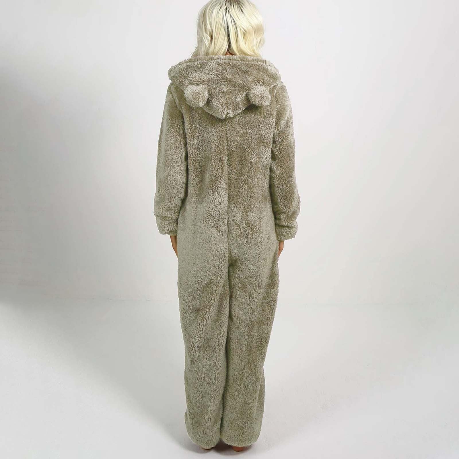 Tuta Da Donna In Pile Teddy Pigiama Lungo Con Cappuccio E Mezza Zip | Tuta Invernale Calda Soffice Pigiama Tinta Unita Costume Da Notte Donna Fleece Termica Inverno Vestaglia Tutina