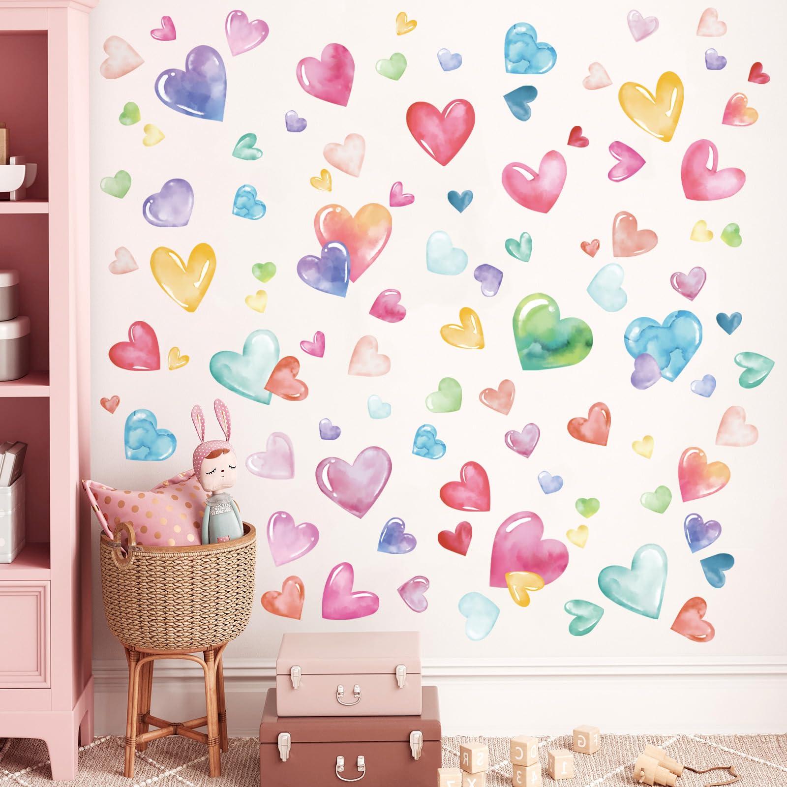 FUFUQUARE Colorful Hearts Wall Stickers Watercolor PVC Removable Wall Decals for Girls Kids Nursery Bedroom Living Room Furnitures