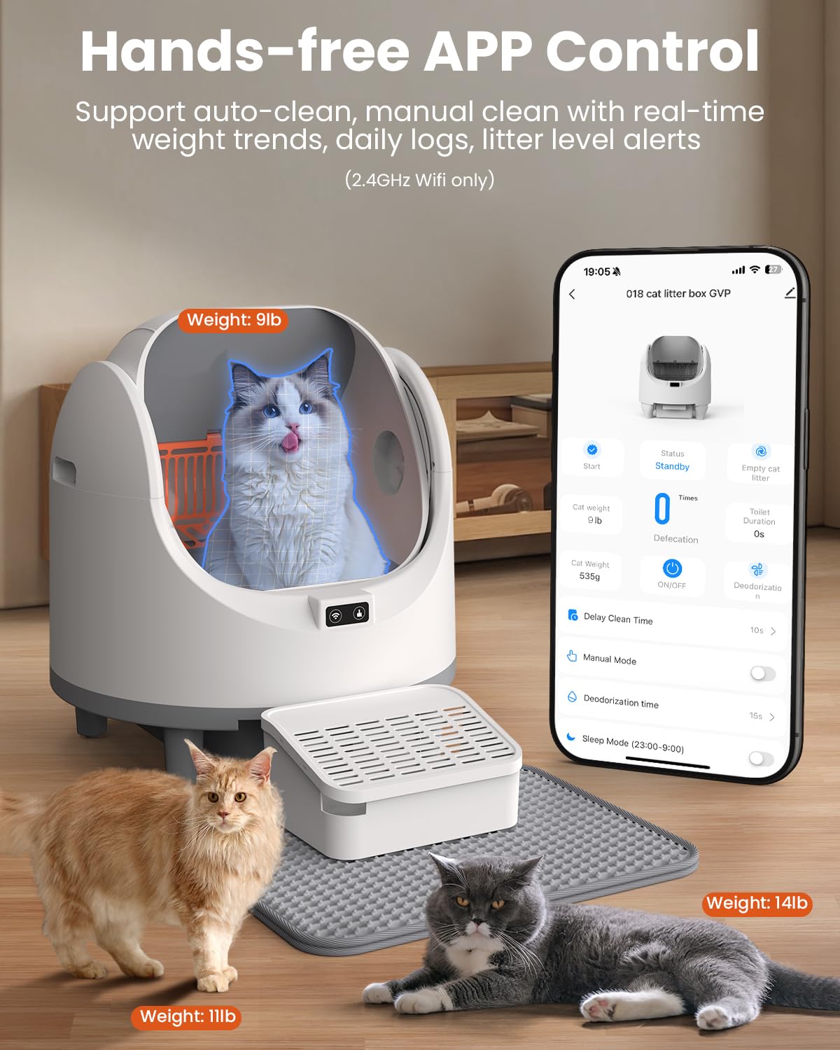 Lettiera per gatti autopulente con parte superiore aperta per gatti grandi (10 kg), Lettiera automatica XL, controllo degli odori, 10 sensori di sicurezza, monitoraggio del peso, lettiera robotica