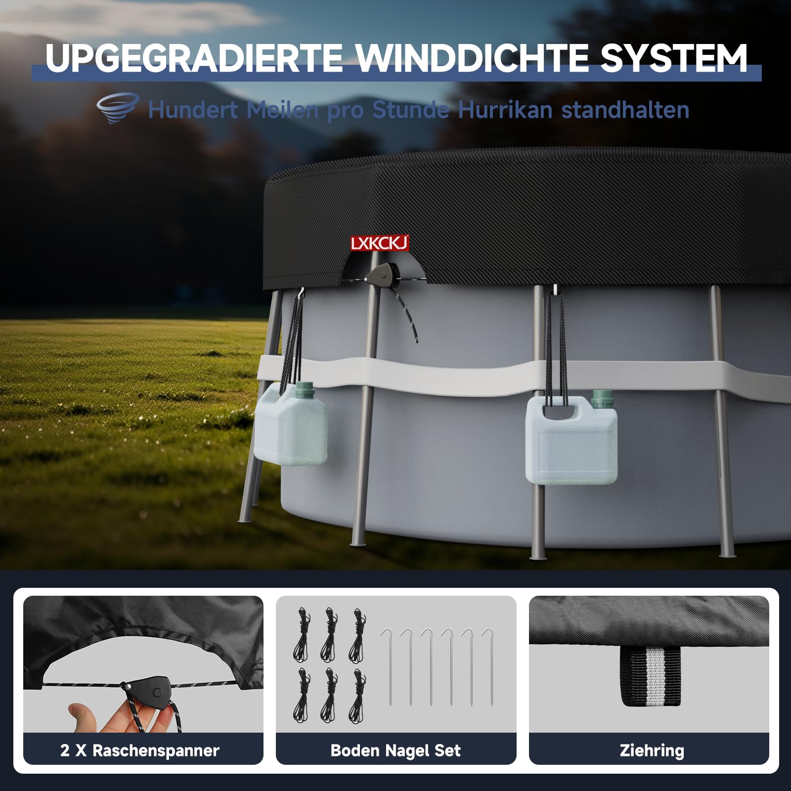 Poolabdeckung Rechteckig für 485x304 cm Pools | Pool Abdeckplane für oberirdisches Schwimmbad Inkl Bodennägel Zubehör + Seilspanner | Solarplane & Pool Winterabdeckung | 570x 365 cm Pool Abdeckung