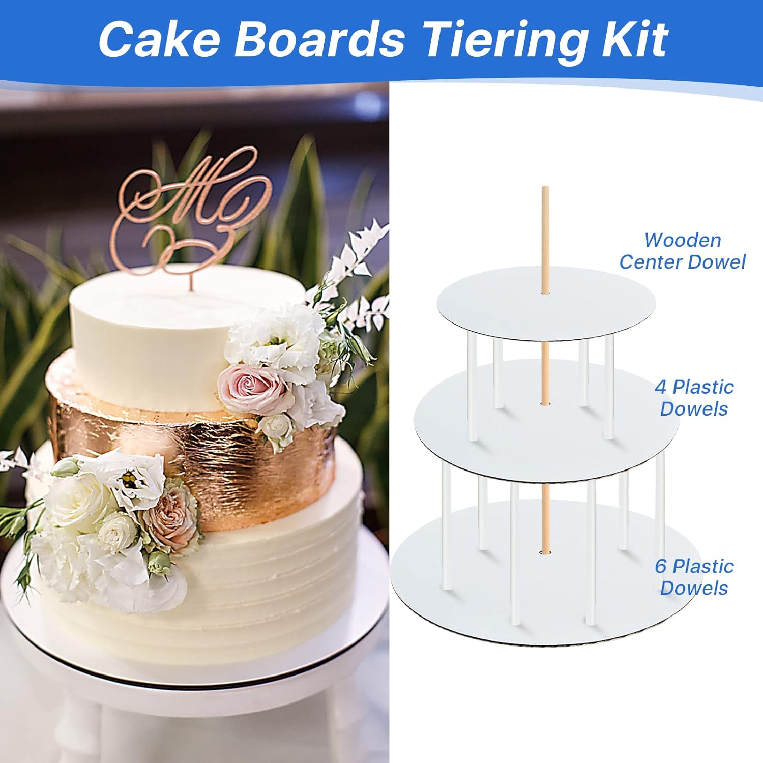 230 PCS Cake Boards Tiering Kit, 12 Inch,10 Inch, 8 Inch, 6 Inch Round Cake Cardboard, Parchment Paper Rounds with Wooden Dowels and Straw Dowels for Wedding Birthday Party (White)