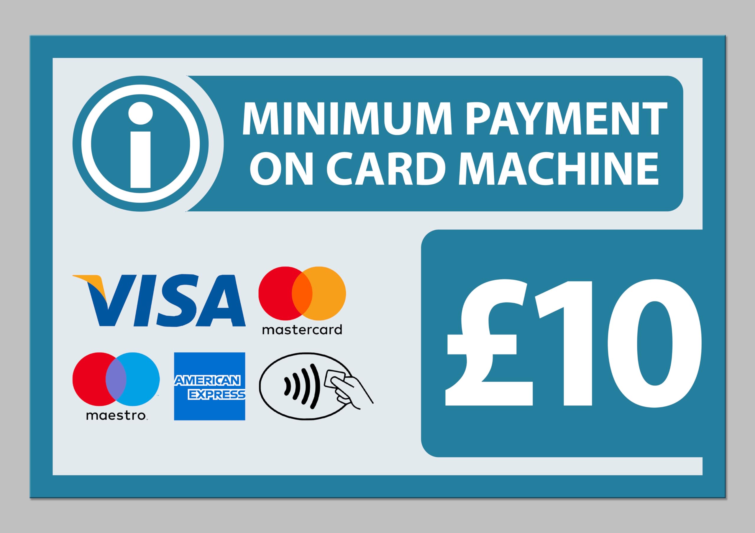 Minimum payment on card machine Β£10, light blue sign - Self adhesive sticker (200mm x 150mm)
