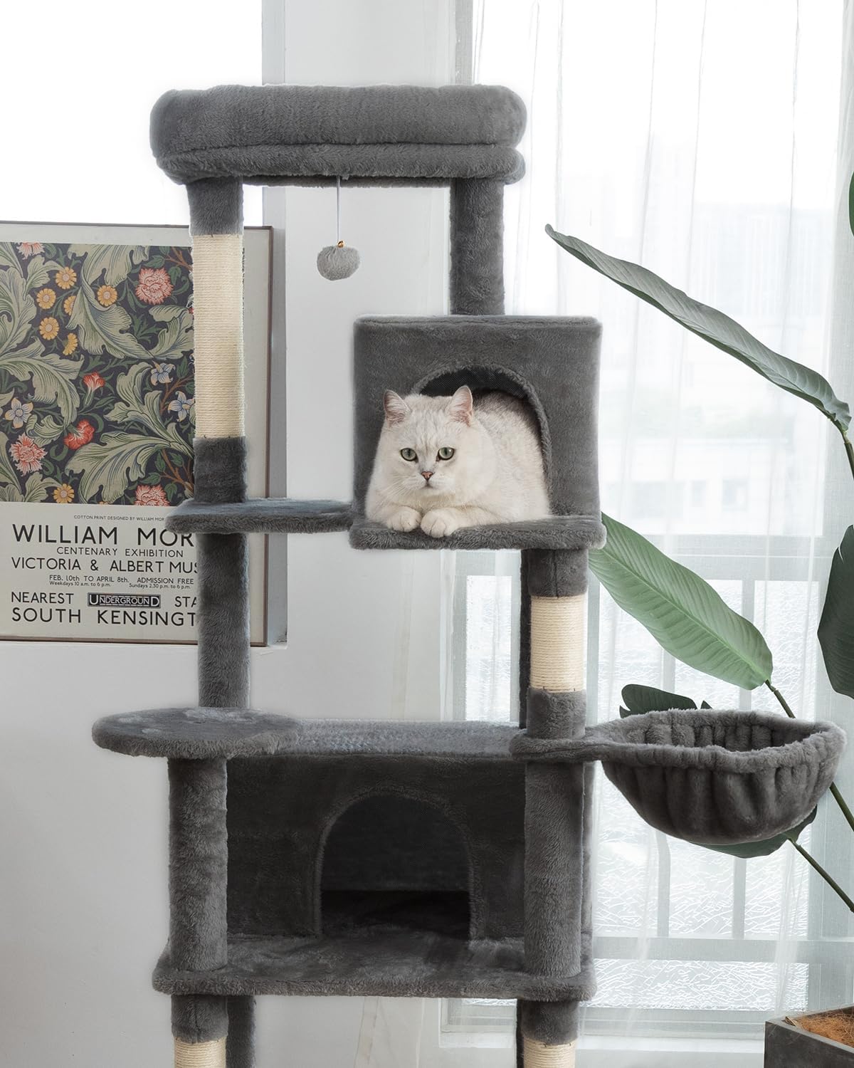 Multi-Level Cat Tree,69 Inches Tall Cat Tower with 2 Plush Condos,Hammock and Plush Perch, Scratching Posts and Pompoms,Gray Cat House for Indoor Cats