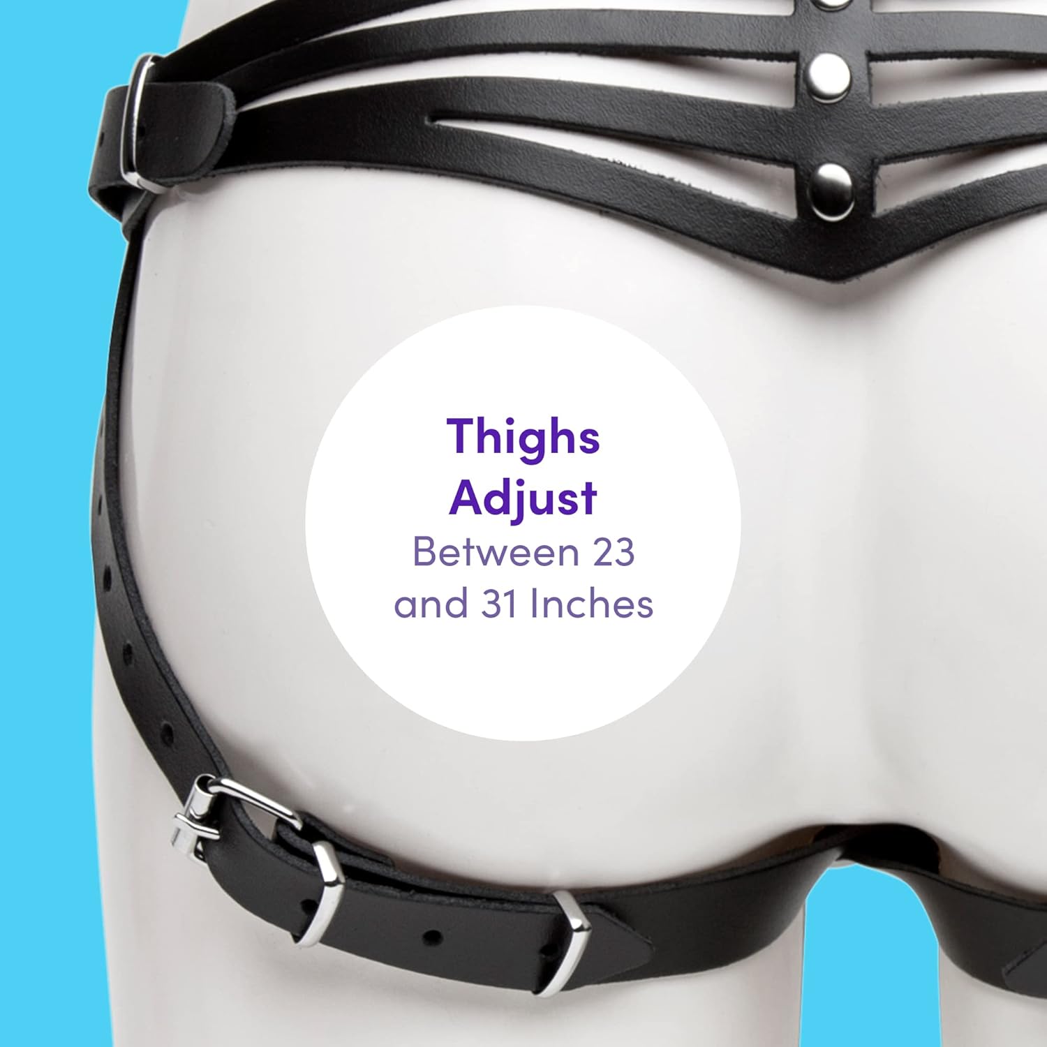 Side view of the thigh strap adjustment on the Lovehoney Dominix Deluxe Strap-On Harness