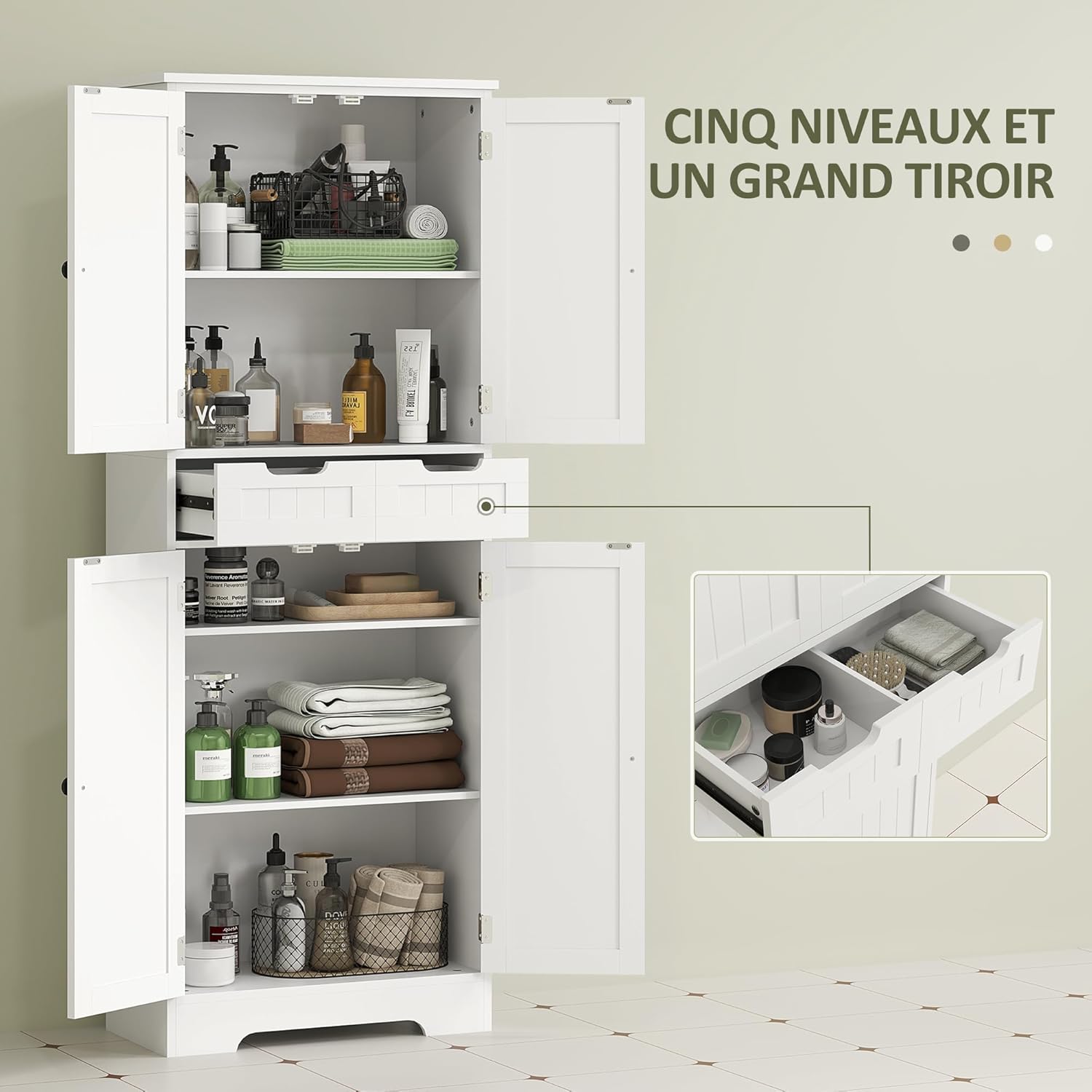 Interior view of the cabinet showing organized items on shelves and in the drawer