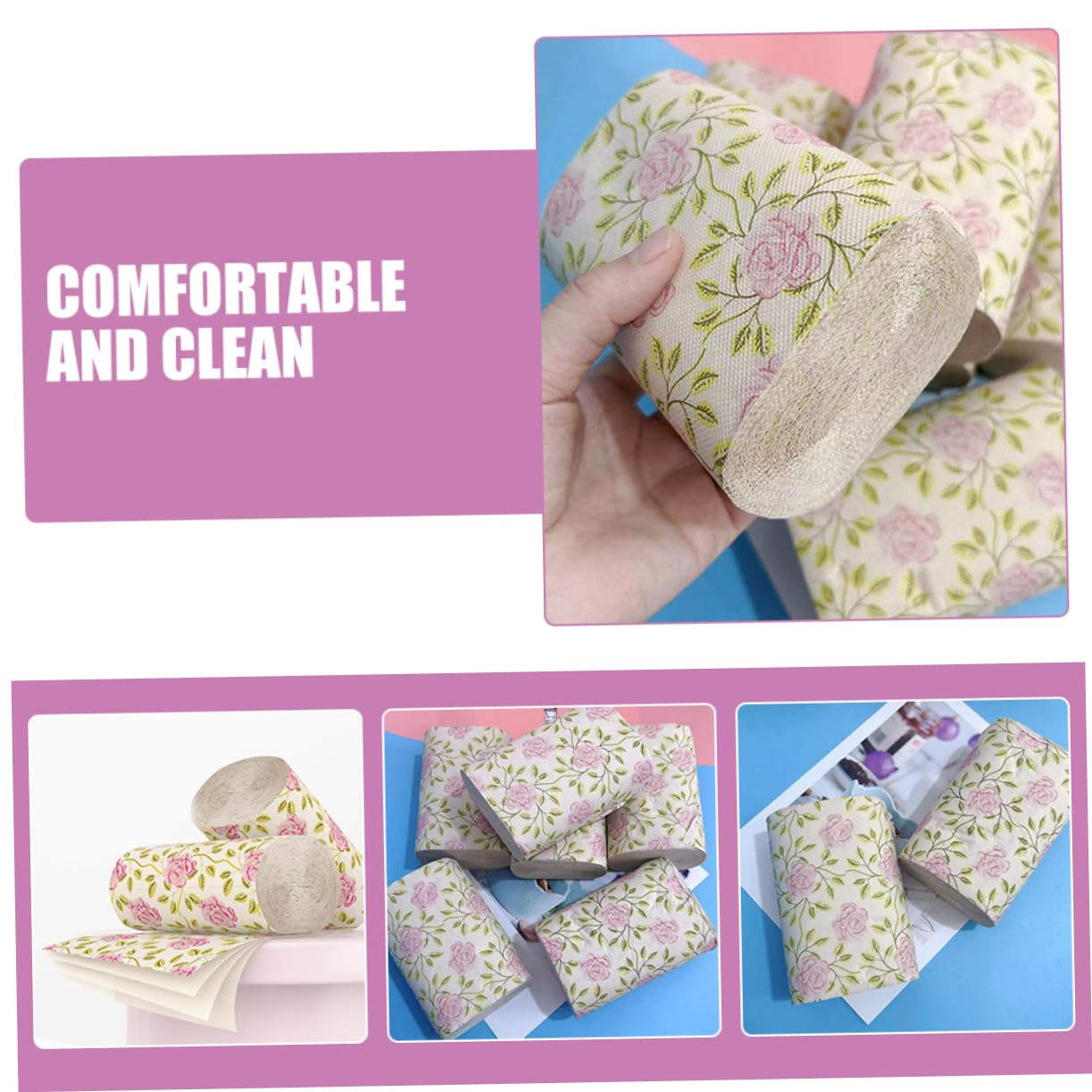KOMBIUDA Carta Igienica in Pasta di Bamboo con Decorazioni a Rosa, 10 Pezzi senza Nucleo, Multipurpose e Pratica per Uso Domestico e Ufficio
