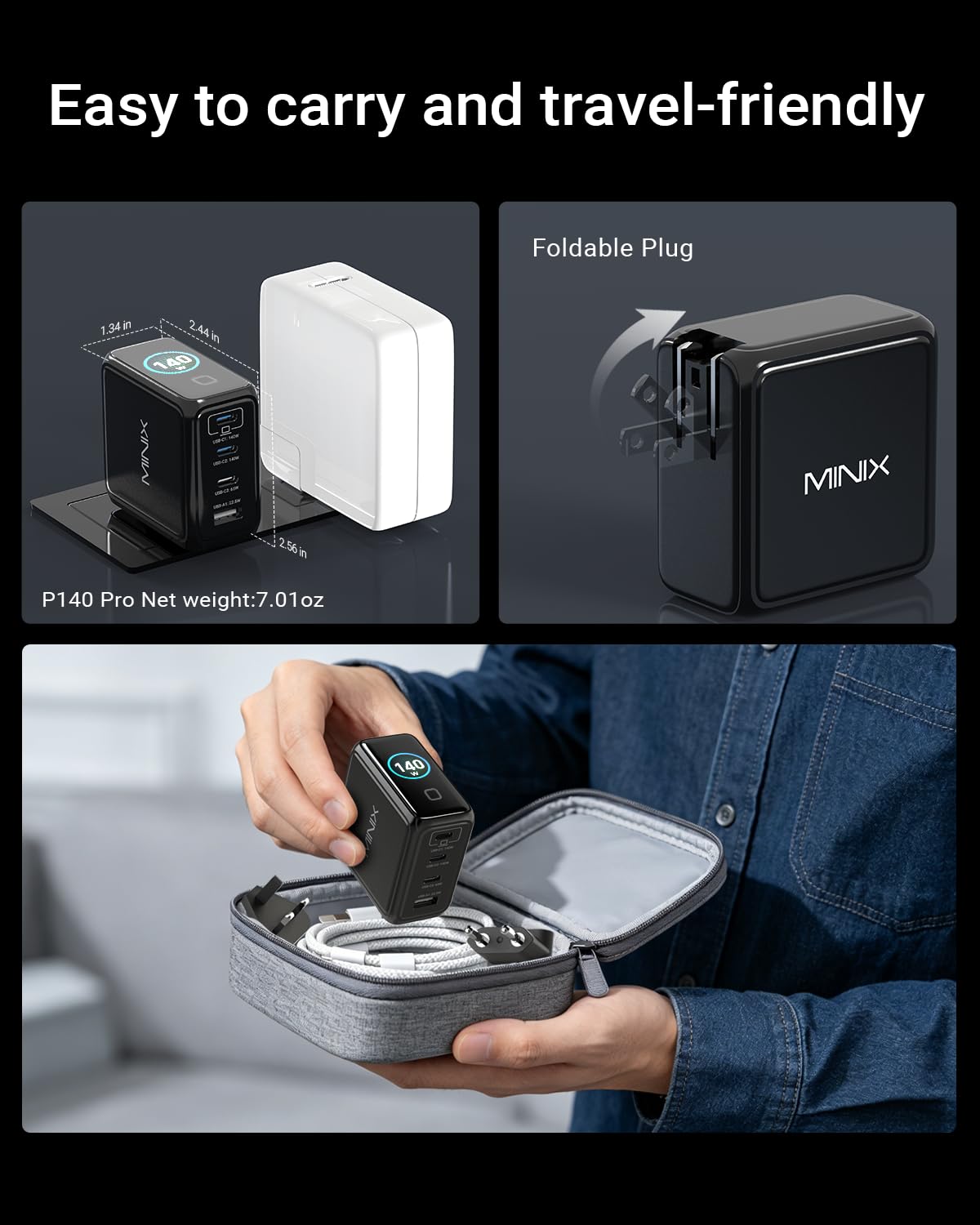 MINIX 140 W Max 4-Port PD3.1 GaN USB C Ladegerät mit 240 W Kabel, Smart Display & Touch Control, faltbarer Reiseadapter mit US/EU/UK Plugs für MacBook, iPad, iPhone17/16, Galaxy S25 Ultra/24