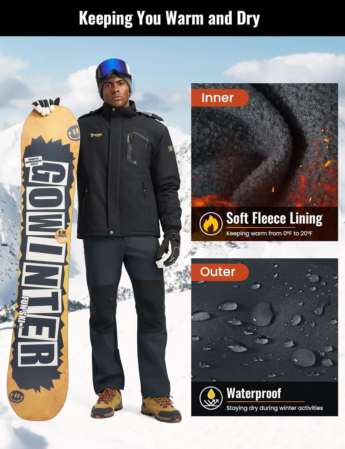 Rdruko Men's Snow Ski Pants Waterproof Insulated Fleece Lined Snowboard Winter Hiking Camping Pant with Zipper Bottom Leg