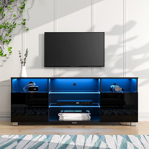 Soporte de TV LED para TV de 55 pulgadas, moderno soporte de TV con luces LED y gabinetes de alto brillo, centro de entretenimiento con estantes de