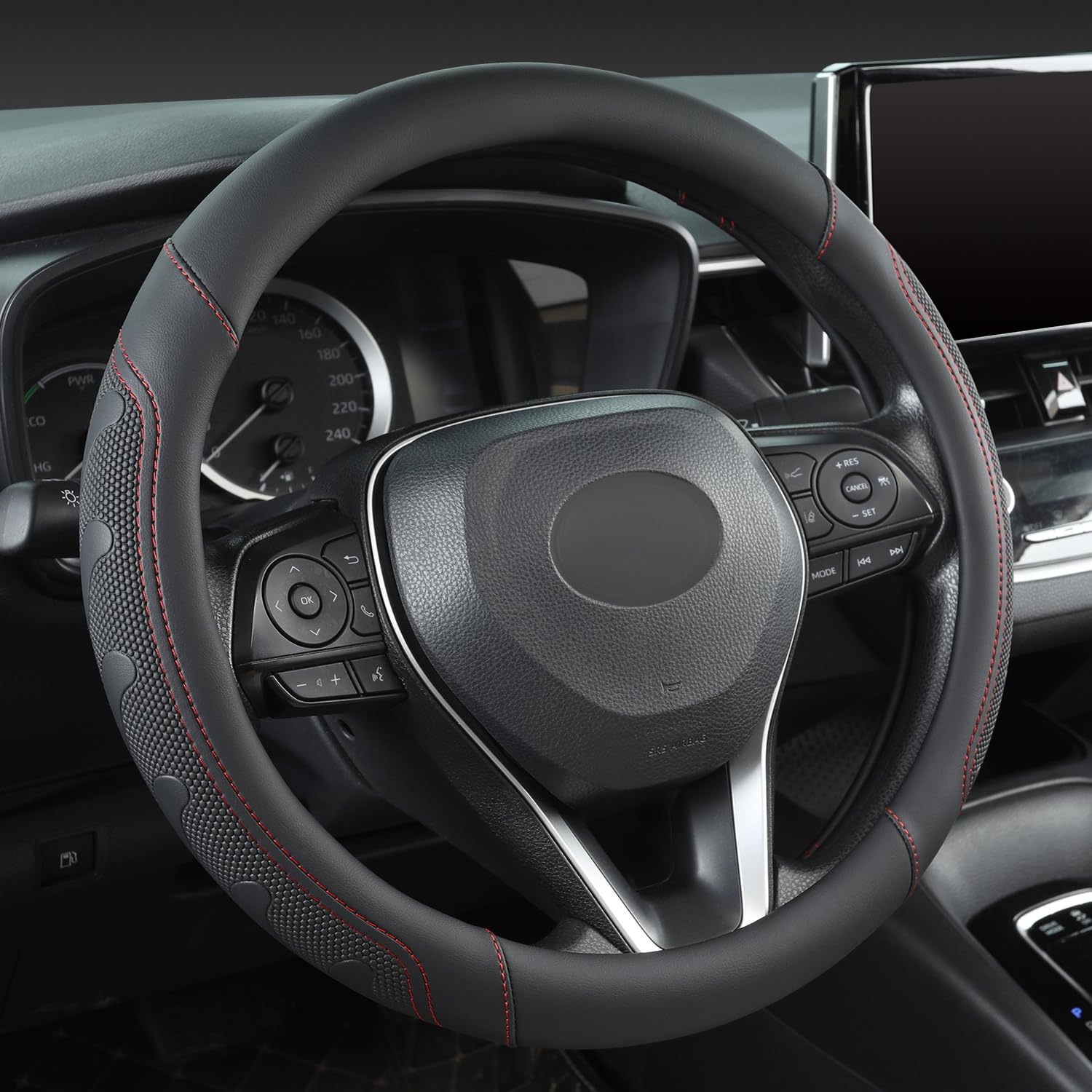 GIANT PANDA Car Steering Wheel Cover for Toyota RAV4,Camry,Highlander,Corolla,Prius,Tacoma,Standard Size - Black+Red Line