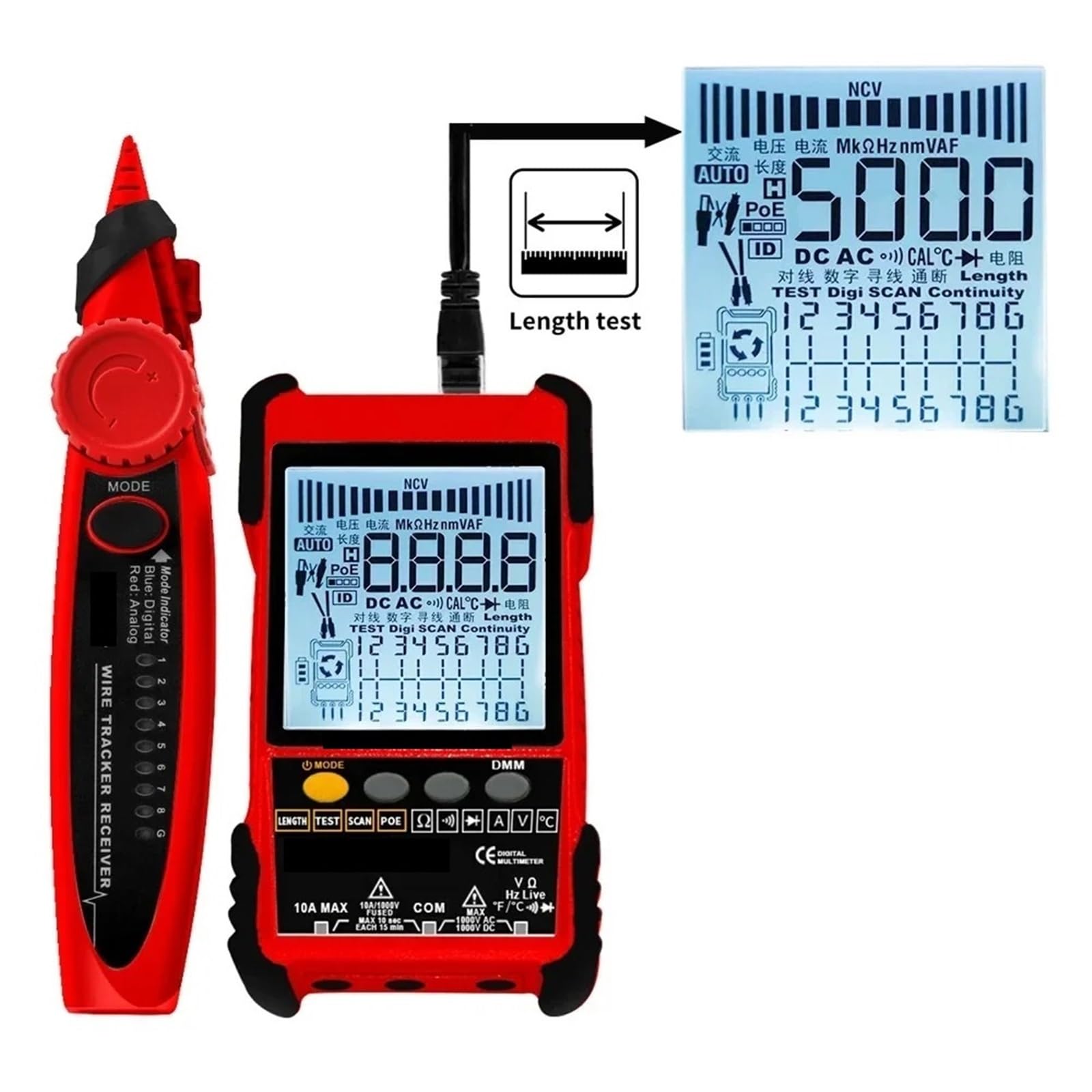 Tester for cavi di rete Analogici Ricerca digitale Test POE Accoppiamento Sensibilità regolabile for Prove di trasmissione(Tester+multimeter)