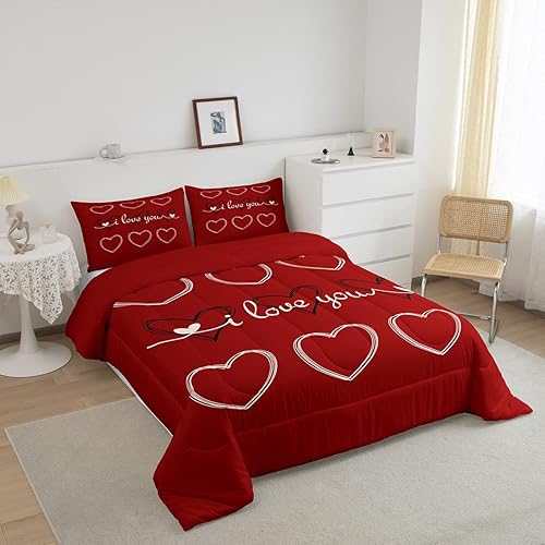 Miniatura 2 de Juego de edredón con texto en inglés "I Love You", juego de ropa de cama con estampado de corazón negro y rojo, edredón de plumón para mujer,