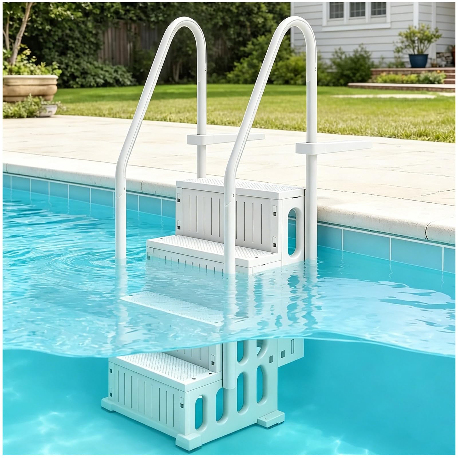Échelle de piscine hors sol robuste avec marches antidérapantes, montée sur le plateau, double rampe, capacité de charge de 180 kg, design à 4 niveaux, accessoires de piscine durables