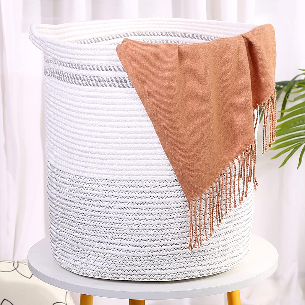 Woven Laundry Basket for Clothes and Toys, Heavy Duty Cotton Rope Laundry Hampers Medium, Storage Basket with Handles for Home Decor Gift - Grey and White 36 x 45 CM