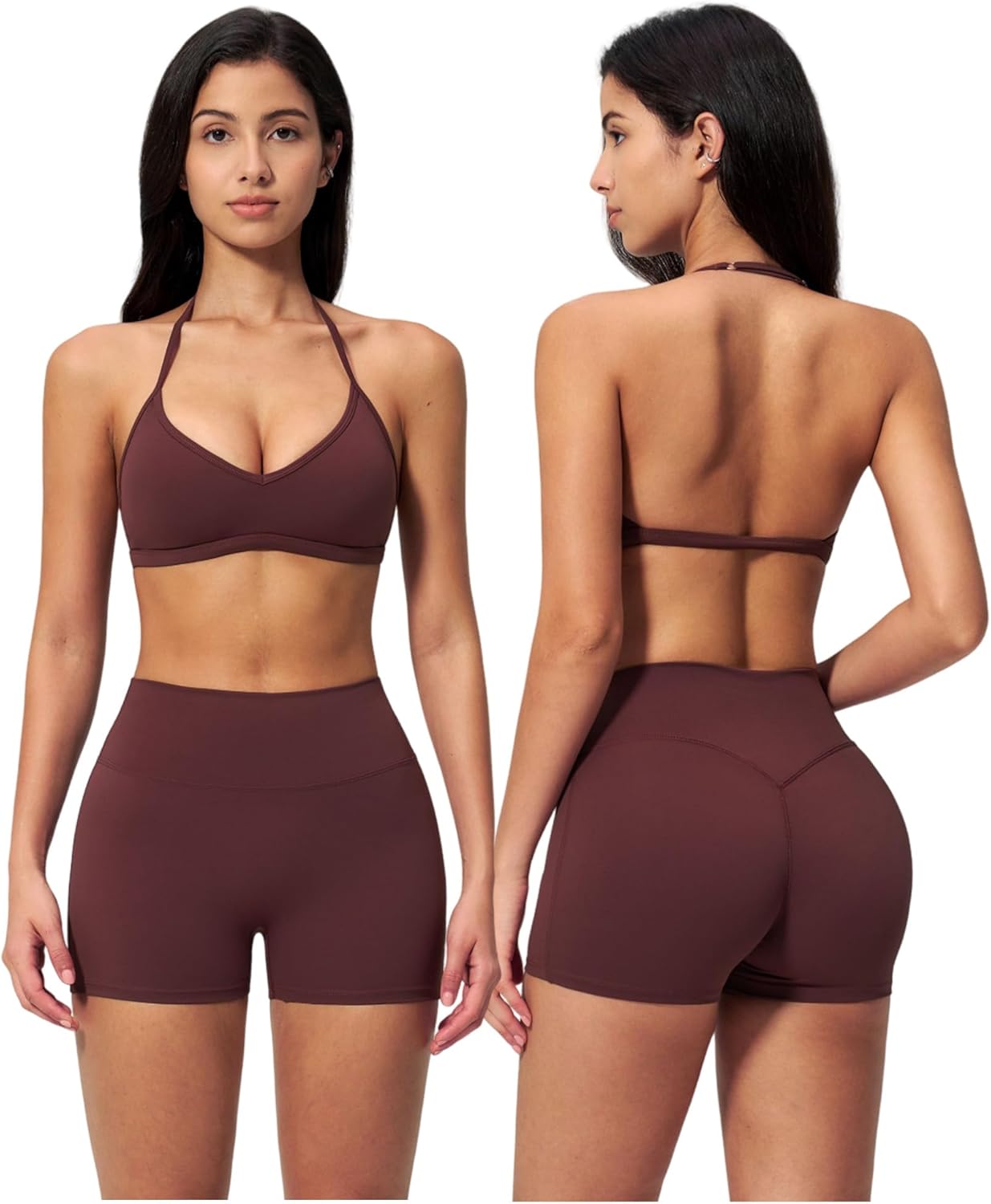 Women 2 Piece Workout Sets Open Back Halter Sports Bra High Waist Tummy Control V Neck Active Shorts Yoga Outfits