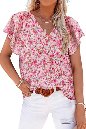 LALAGEN Womens 2025 Tops Blue Flutter Sleeve V Neck Floral Summer Blouse Summer Blouses