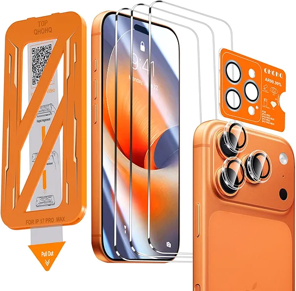 QHOHQ [1-Second Auto-Install] 3 Pack Screen Protector for iPhone 17 Pro Max [6.9 Inch] + 1 Set Camera Lens Protector, 9H+ Shatterproof Tempered Glass, [12FT Military Grade Protection], Case Friendly