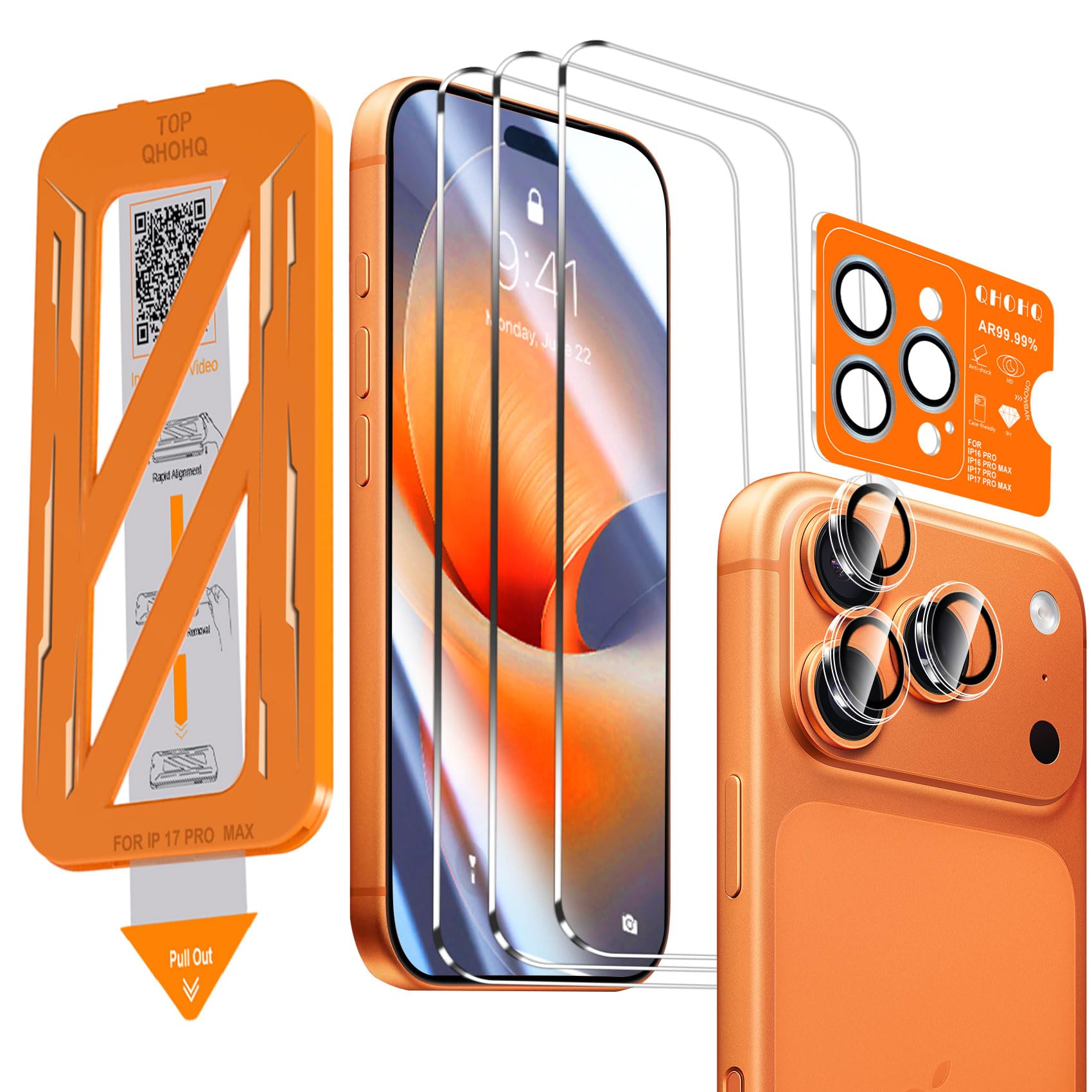 QHOHQ 3 Pezzi Vetro Temperato per iPhone 17 Pro Max + 1 Set Pellicola Fotocamera, Top 9H+ Durezza Pellicola Protettiva, [12 Piedi Antiurto di Grado Militare], Auto-Install 1s, Cover Compatibile