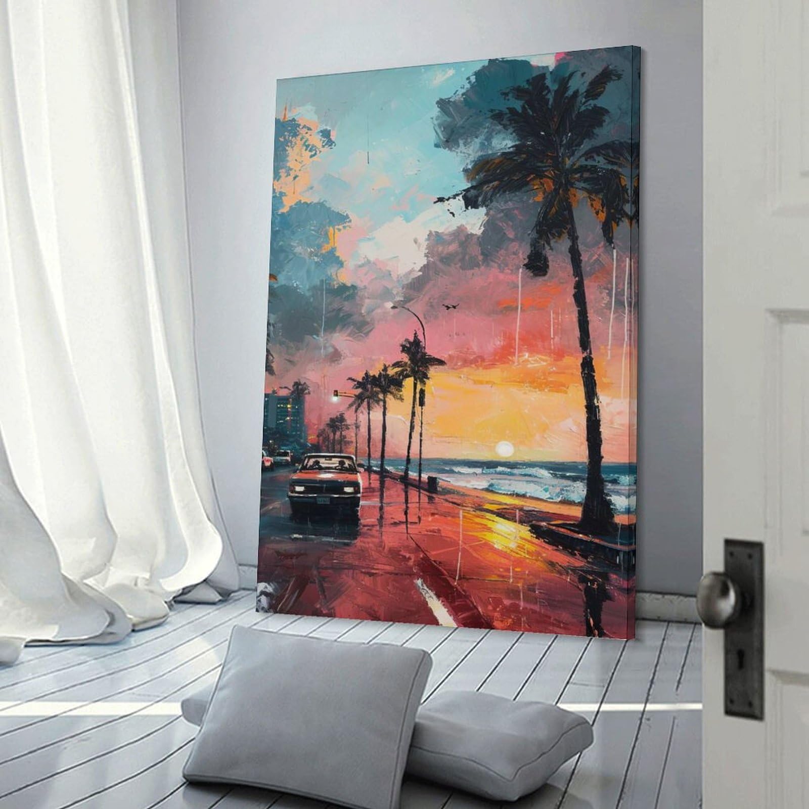 Junmoney Beachside Sunset Drive Wall Art Print 20x30inch(50x75cm), for Living Room, Bedroom Or Home Office, Thoughtful Wall Decor for Art Lovers