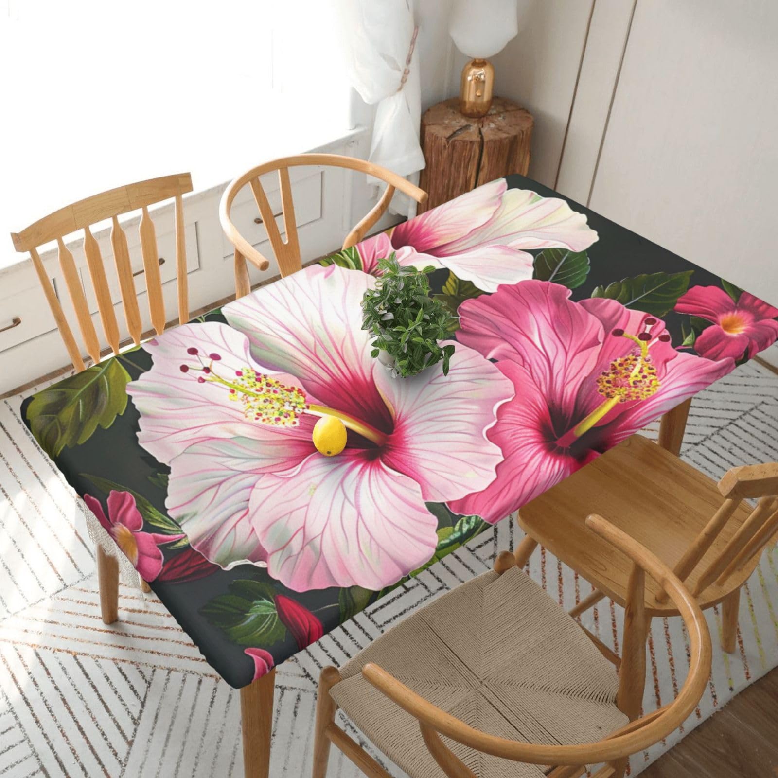WPKJU Hibiscus Flowers Printed Tablecloths 5ft Rectangular Table Covers Washable Polyester Decorative Table Cloth for Dining Table Picnic Wedding