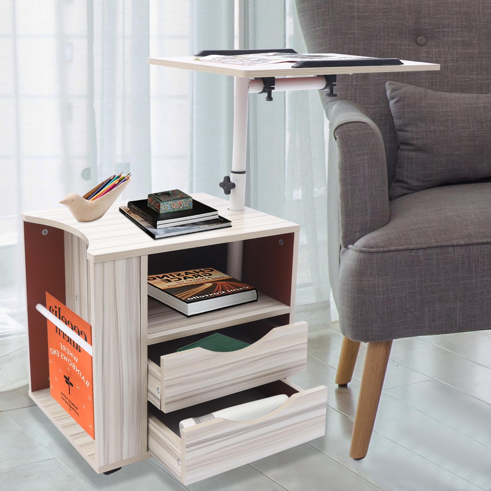 Nachttisch mit 2 Schubladen & drehbarer Platte, Moderner beweglicher und abschließbarer Nachttisch, höhenverstellbarer Sofa-Beistelltisch für Wohnzimmer, Büro, Schlafzimmer
